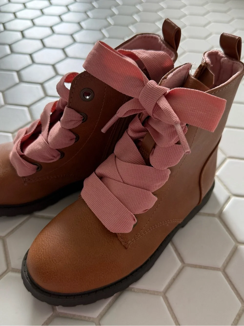Girls Brown Ankle Boots with Pink Ribbon Laces